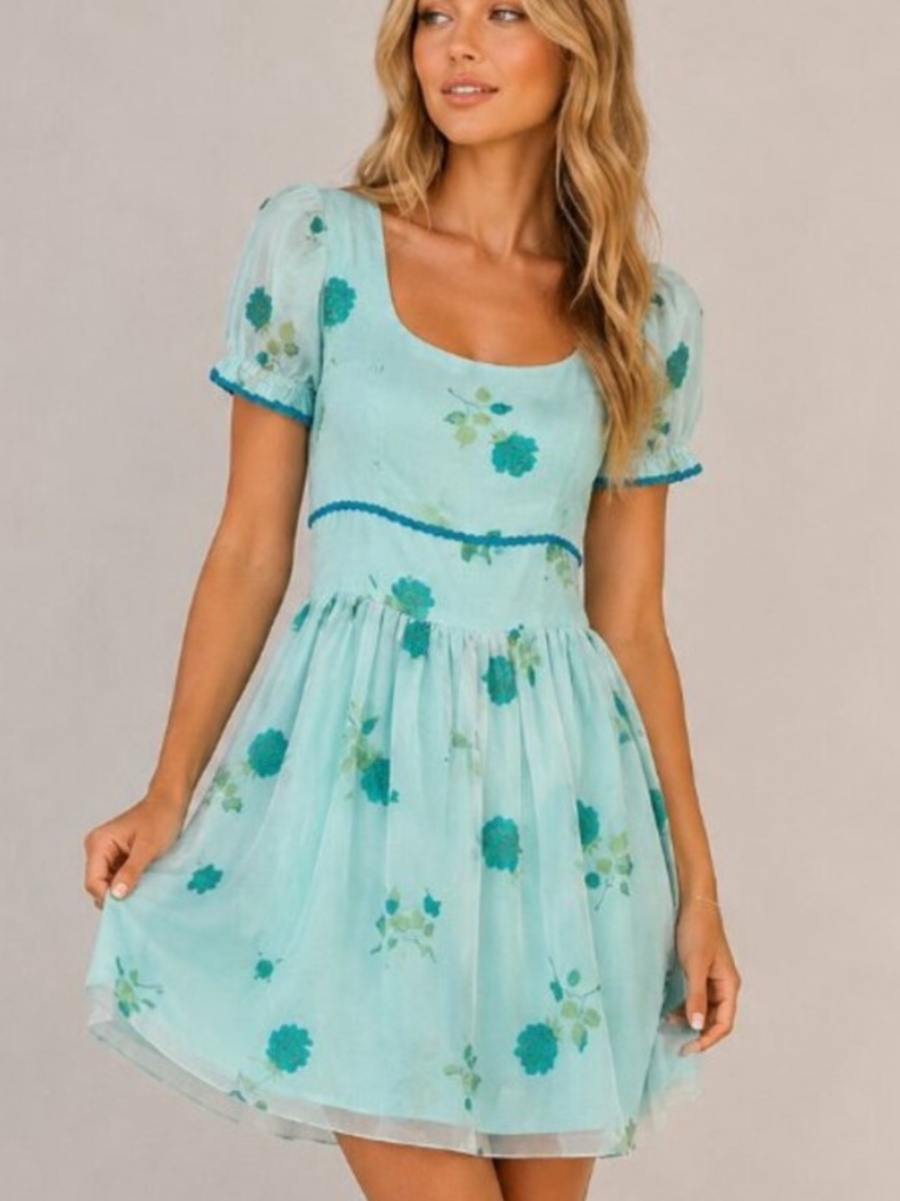 Vintage 1960’s Teal Floral Puff-Sleeve Mini Dress 39712